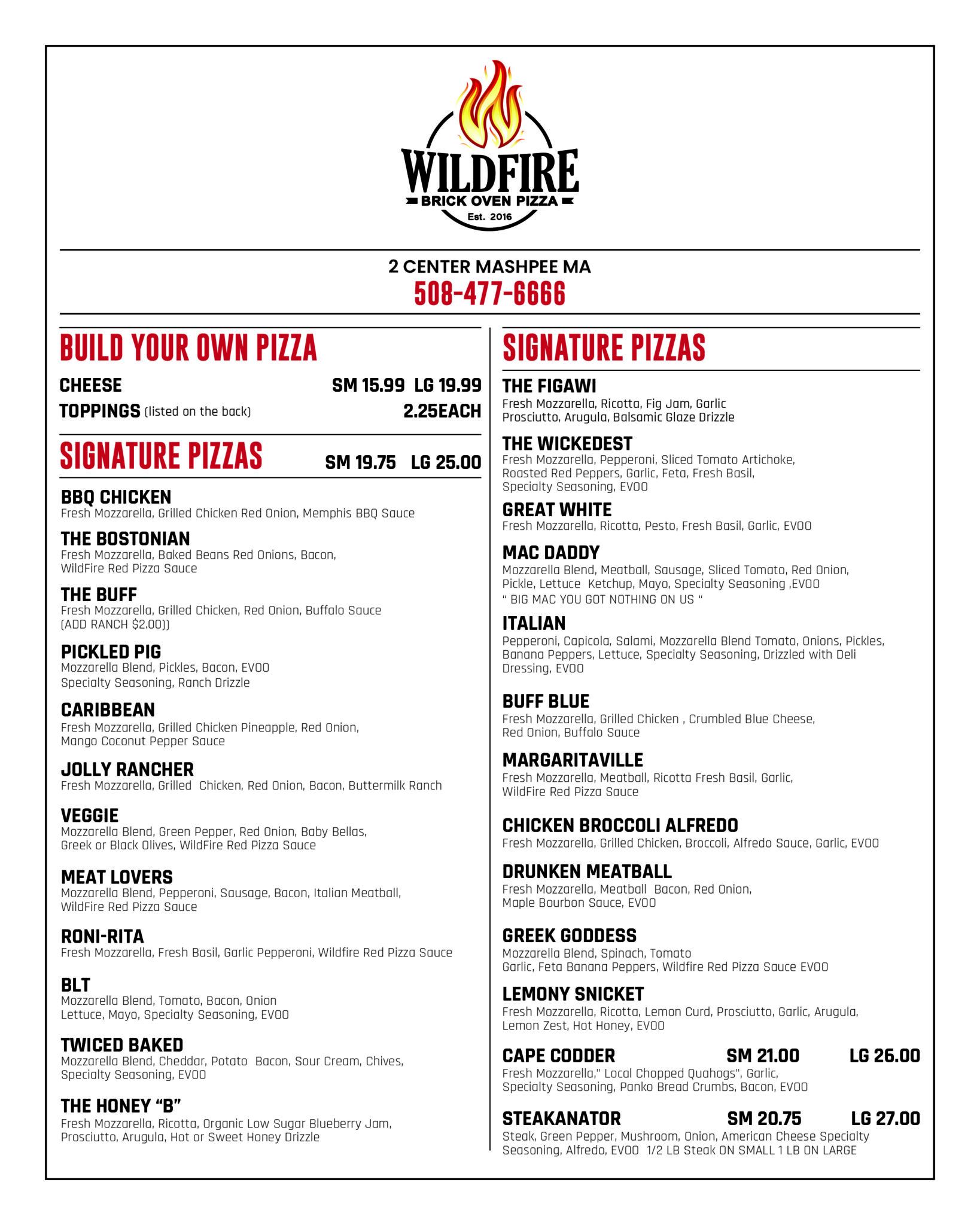 Our Menu Wildfire Brick Oven Pizza